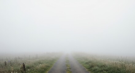 Obraz premium A lonely, winding pathway disappears into a wall of thick, ethereal white fog, suggesting a long, uncertain journey or lost direction ,surface ,solitude ,journey