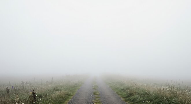 A lonely, winding pathway disappears into a wall of thick, ethereal white fog, suggesting a long, uncertain journey or lost direction ,surface ,solitude ,journey