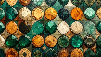 Textured mosaic of emerald & amber-toned round & square tiles