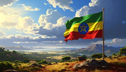 Ethiopian Flag Waving Proudly Against a Scenic Landscape.