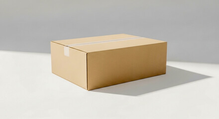Photorealistic cardboard box mockup on white studio background. Realistic 3D render of blank corrugated carton for shipping, delivery packaging, and e-commerce branding presentation.
