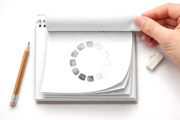 Hand Turning Page with Hand-Drawn Loading Icon on Notepad