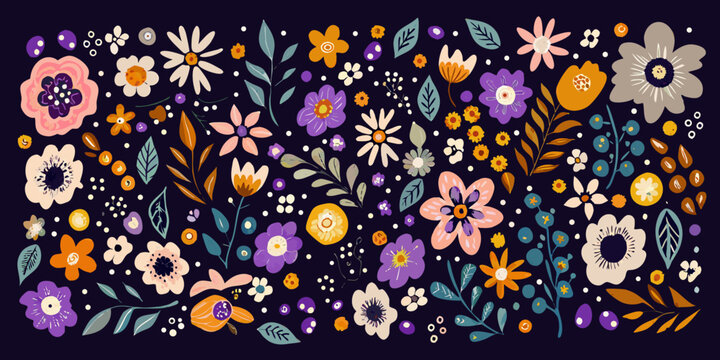 A vibrant and colorful floral pattern with diverse wildflower shapes