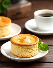 Cakes & coffee on wooden table. Airy baked goods, mint garnishes