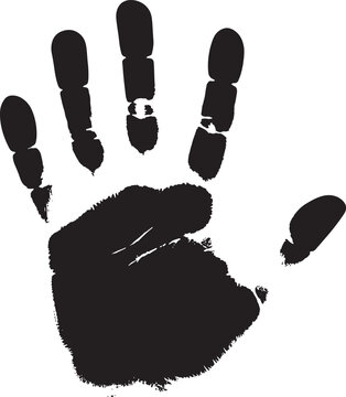 Black handprint silhouette, textured ink stamp effect, isolated on white background
