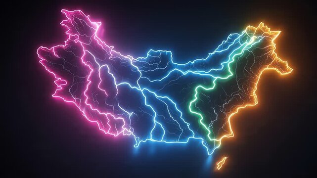 Neon map of Pakistan with lightning.