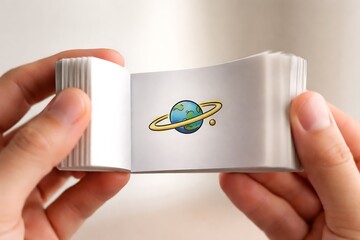 Hands Holding Flipbook with Planet Illustration