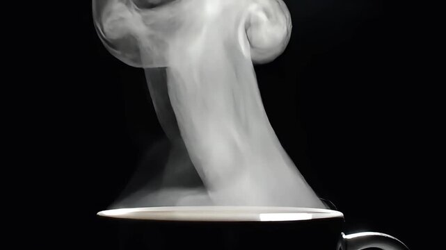 Close-up of a steaming hot beverage in a black cup against a dark background, creating a warm and inviting atmosphere.