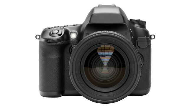 Black dslr camera front view isolated on transparent background
