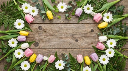 Obraz premium Floral frame with colorful tulips and daisies on wooden background for Easter 