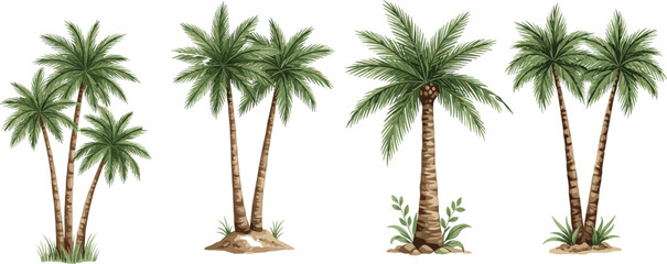 Set of tropical palm trees isolated on white background, realistic vector illustration collection of exotic beach and island plants © MdMosraful