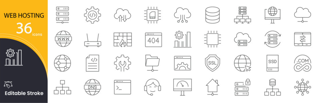 Web Hosting icon set. Internet and server related line icons. domain, cloud, database, server, bandwidth, storage, DNS, control panel, SSL, IP address and more. Editable stroke.
