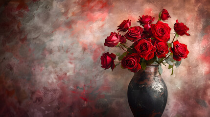 Red rose bouquet in vase with soft smoky background