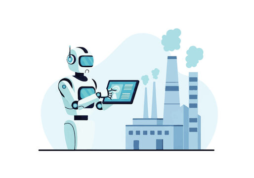 Humanoid robot monitoring factory emissions with digital tablet.