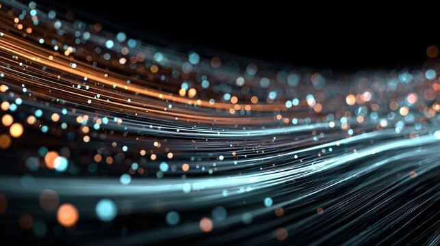 A vibrant digital illustration of glowing lines and dots in shades of blue and orange against a dark background