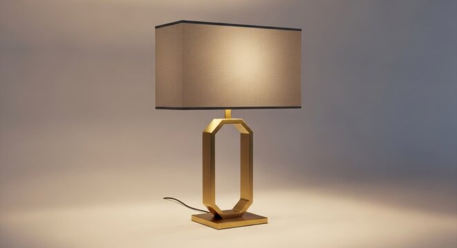 A modern, geometric table lamp with a gold base and a rectangular shade in a neutral color, placed on a plain background with soft lighting.
