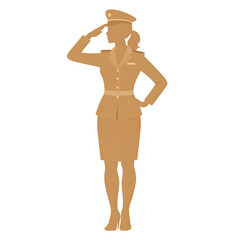 Female silhouette in military uniform saluting with cap and skirt, rendered in a brown, flat style