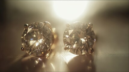 Fototapeta premium Close-up view of two glittering round cut diamond earrings, showcasing intricate facets and a warm, luminous glow against a soft, beige backdrop.