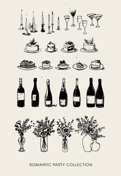 Minimalist hand drawn food and drink vector illustration. Wine, champagne glass, cheese, cake drawings for wedding invitations, menus and parties. Ink doodle sketch style
