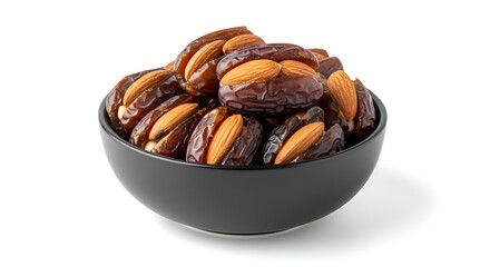 Obraz premium Delicious Dates Stuffed with Almonds in a Black Bowl on White Background.