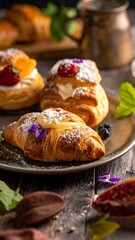 Pastries w/ fruit & cream on plate. Rustic wooden table, blurred background, and antique metal cup