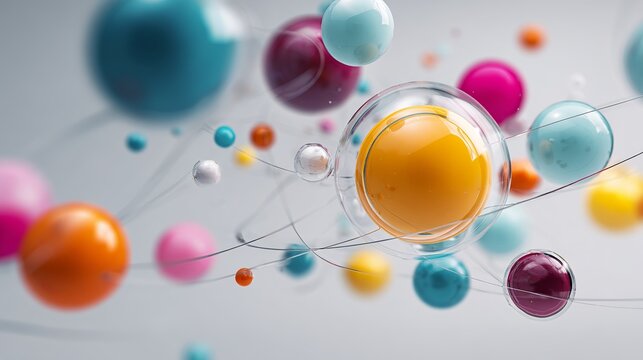 A vibrant and colorful 3D illustration of various sized spheres floating in mid-air connected by thin wires on a light gray background.