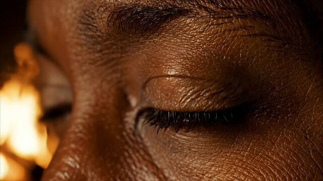 Close up of a brown eye reflecting a bright fire flame with a blink