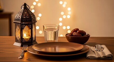 Romantic dinner setup with lantern, pomegranates, and warm fairy lights background