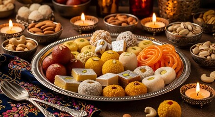 Indian sweets platter with diyas and nuts for Diwali festival celebration