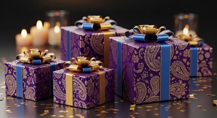 Elegant purple gift boxes with golden bows and candles on dark background for festive celebration