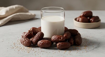 Glass of milk with chocolate chip cookies on white marble table minimalist healthy snack
