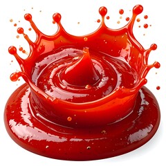 Ketchup splash forming a crown shape. Drops, ripples, and glossy texture on a white background