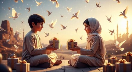 Muslim couple sharing tea with flying birds at sunset ancient cityscape background