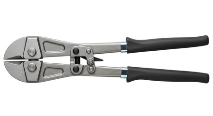 Fototapeta premium Large metal bolt cutters with black handles on transparent background png (बोल्ट कटर)