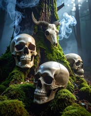Skulls surround a mossy tree, shrouded in eerie smoke in a dark forest