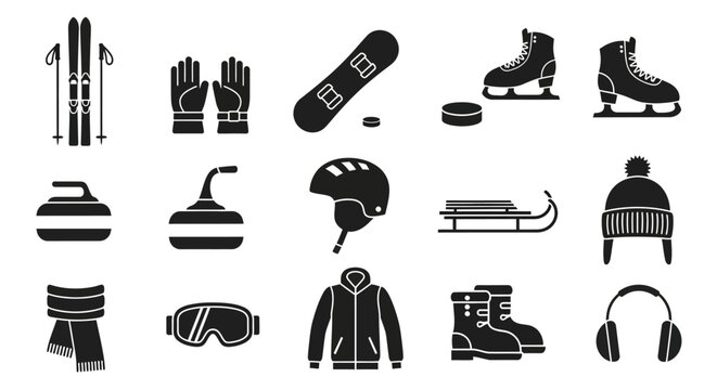 Collection of black and white icons depicting various winter sports equipment and gear on a clean white background.