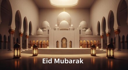 Eid Mubarak celebration in grand mosque interior with golden lighting and lanterns