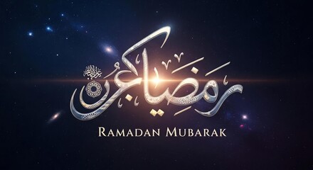 Ramadan Mubarak glowing crescent moon lantern greeting card design in cosmic space