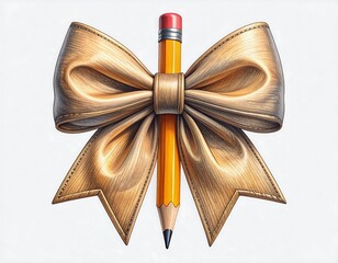 Pencil centered through a large decorative gold bow, with white background