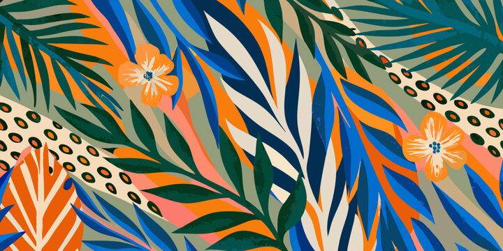 Vibrant tropical leaves and flowers in a colorful artistic pattern