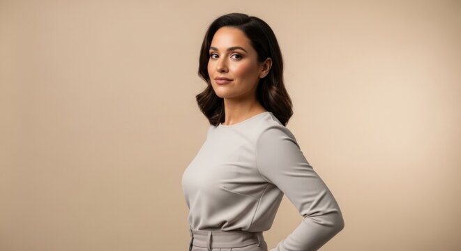 A woman with shoulder-length brown hair, wearing a light gray blouse, stands against a plain beige background with her left arm resting on her hip.