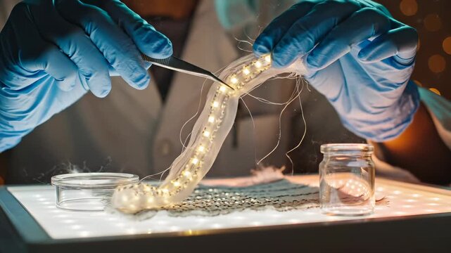 Scientist examines flexible electronic circuit with LED lights in laboratory. Researcher tests flexible circuit with tweezers. Laboratory scientist studies electronic LED circuit. Testing flexible