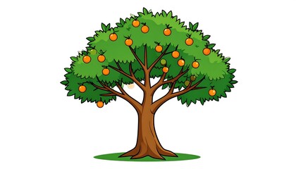 Cartoon orange tree. Green leaves & ripe oranges against white. Tree stands on green patch