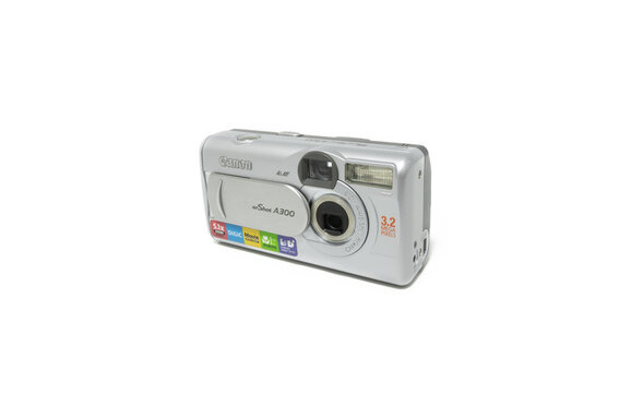 Huelva, Spain 2.10.2026 Front view of a classic silver Canon PowerShot A300 point-and-shoot camera 3.2 MP, released in 2003. Iconic early 2000s consumer technology.