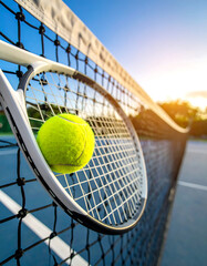 Tennis ball held by racket against net on a blue court under a sunny sky