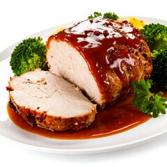 Roasted pork tenderloin sliced, served with broccoli, potatoes, and a rich gravy on a white plate