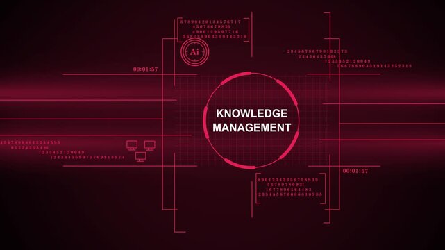 High-tech digital graphic featuring a glowing red HUD interface centered on Knowledge Management, surrounded by AI icons, data strings, and network elements for futuristic business and technology them