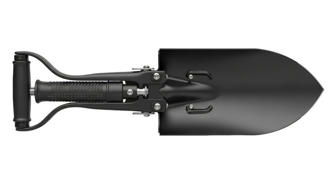 Black foldable survival shovel for camping and tactical use on transparent background png (काली तह करने वाली जीवित रहने वाली लोहे की कुदाल)