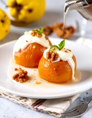 Glazed quince halves topped with cream and walnuts on white plate