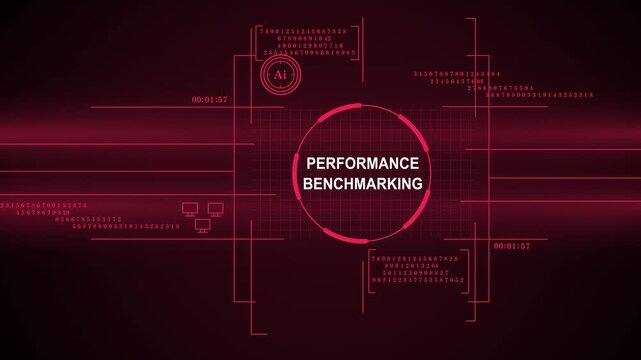 Performance Benchmarking Digital Interface with HUD Elements and High Tech Data Visualization on a Deep Red Background for Technology and AI Concepts